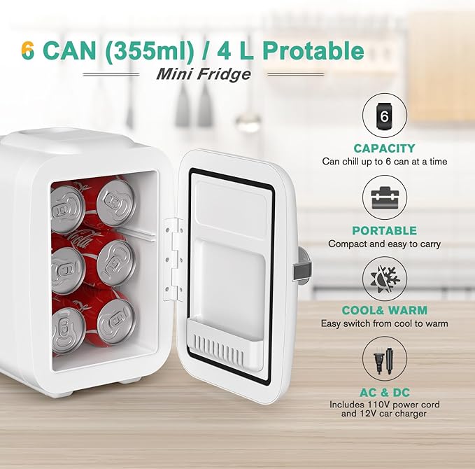 CROWNFUL Mini Fridge, 4 Liter/6 Can Portable Cooler and Warmer Personal - Image 3