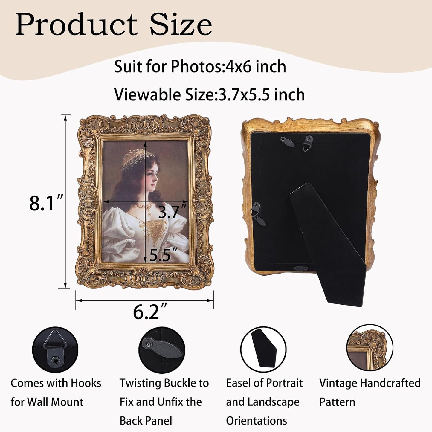 Antique Picture Frames 4x6 Vintage Victorian Ornate Picture Frames with Front Glass Wall Mount and Tabletop Baroque Home Decor Retro Gallery Wall Decor,1 Pack,Bronze