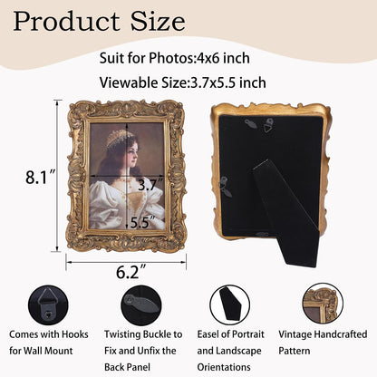 Antique Picture Frames 4x6 Vintage Victorian Ornate Picture Frames with Front Glass Wall Mount and Tabletop Baroque Home Decor Retro Gallery Wall Decor,1 Pack,Bronze