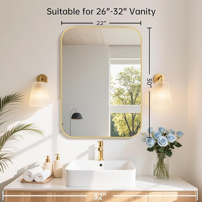 22x30 Inch Gold Bathroom Mirror, Brushed Gold Metal Framed Rectangular Mirror - Image 7
