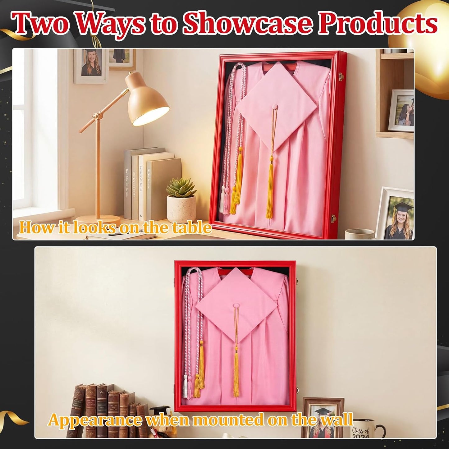 CroBlissful 1 Pcs 17"x23" Graduation Shadow Box Frame Large Wood Display Case with Stick Pins Hanging Hardware Graduation Gown Display Memory Shadow Box for Cap Gown Diploma Stole Cords (Red)