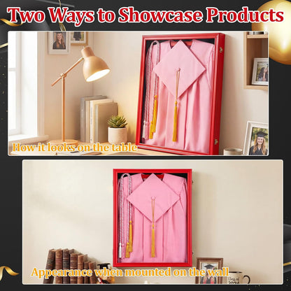 CroBlissful 1 Pcs 17"x23" Graduation Shadow Box Frame Large Wood Display Case with Stick Pins Hanging Hardware Graduation Gown Display Memory Shadow Box for Cap Gown Diploma Stole Cords (Red)