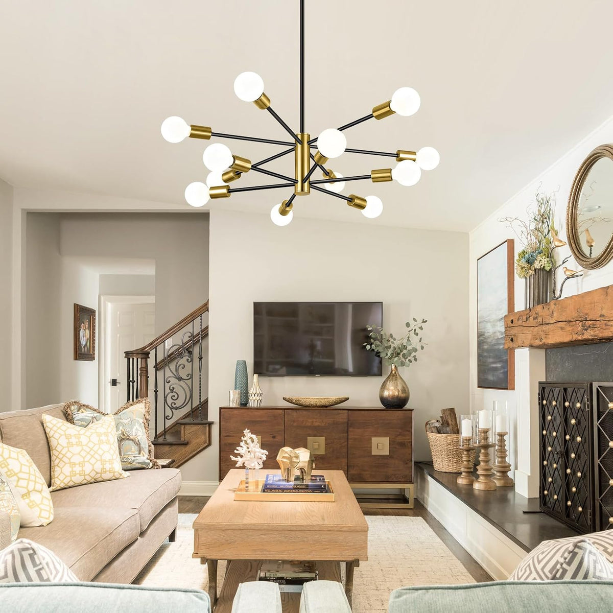 BesLowe 12 Light Modern Chandelier for Dining Room, Black and Gold
