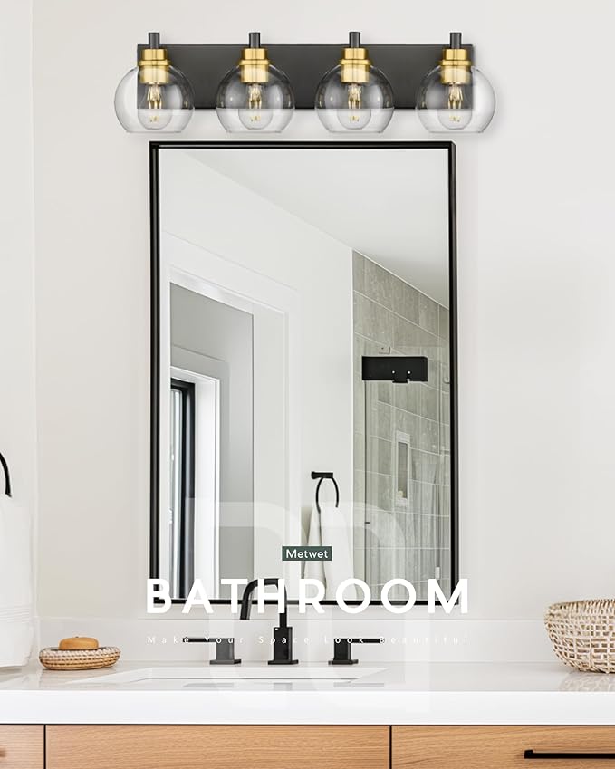 METWET Bathroom Light Fixtures, 4-Light Black and Gold Bathroom Vanity Light - Image 5