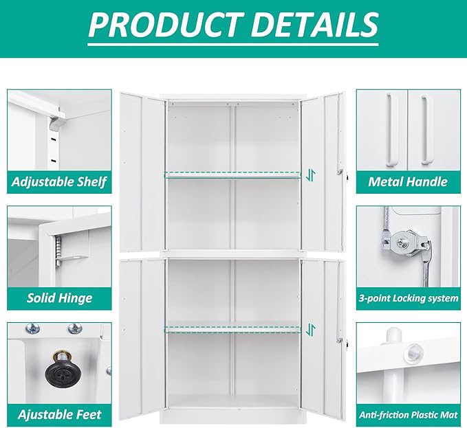 Metal Storage Cabinet with 3 Adjustable Shelves, Tall Steel Pantry Cabinets 4 - Image 8