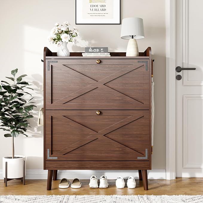 Shoe Storage Cabinet with 2 Flip Drawers & Adjustable Shelves, Narrow Shoe - Image 3