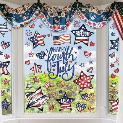 Vellibring 6 Sheet Patriotic Window Clings 4th of July Window Decals Retro Style USA Stars Flag Firework Decor for Independence Day Home Party Glass Mirror Decoration
