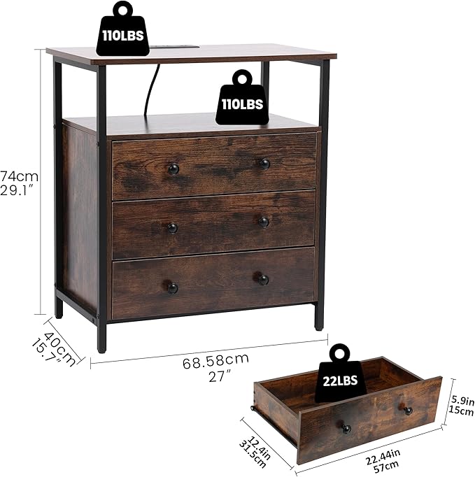 Edbuosy 3 Wooden Drawers Night Stand, 27 Inch Wide Nightstand - Image 3