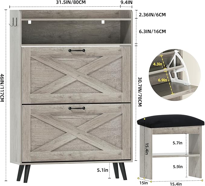 EOYUTLLY Shoe Cabinet with Bench, Shoe Organizer Cabinet with 2 Flip Drawers & - Image 2