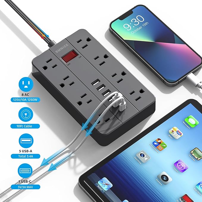 10 Ft Extension Cord Surge Protector, SMNICE 8 Widely Spaced Outlets and 6 USB - Image 9