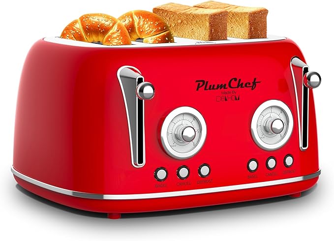 Plumchef 4 Slice Wide Slot Retro Style Toaster, Dual Control Toaster wtih Timer by PlumChef
