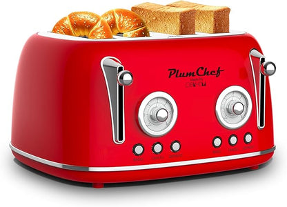 Plumchef 4 Slice Wide Slot Retro Style Toaster, Dual Control Toaster wtih Timer by PlumChef