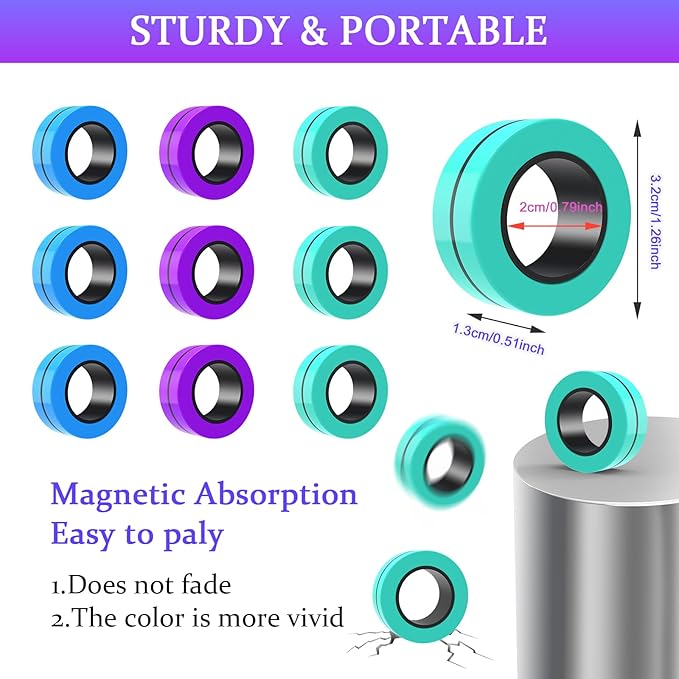 Cevioce 9 PCS Magnetic Ring Fidget Toys Set, ADHD Anxiety Magnetic Finger - Image 3