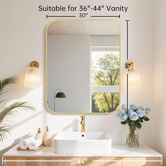 30x36 Inch Gold Bathroom Mirror, Brushed Gold Metal Framed Rectangular Mirror - Image 7