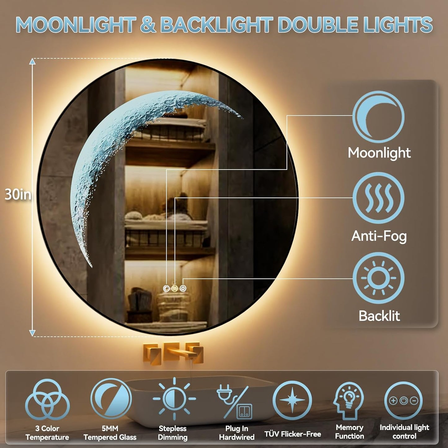 Black Round Mirror 30 inch, Circle Framed Mirror with Backlit & Half Moon Light, Anti-Fog, 3 Color Modes, Dimming Wall-Mounted LED Mirrors for Bathroom, Home Decor, Bathroom, Entryway