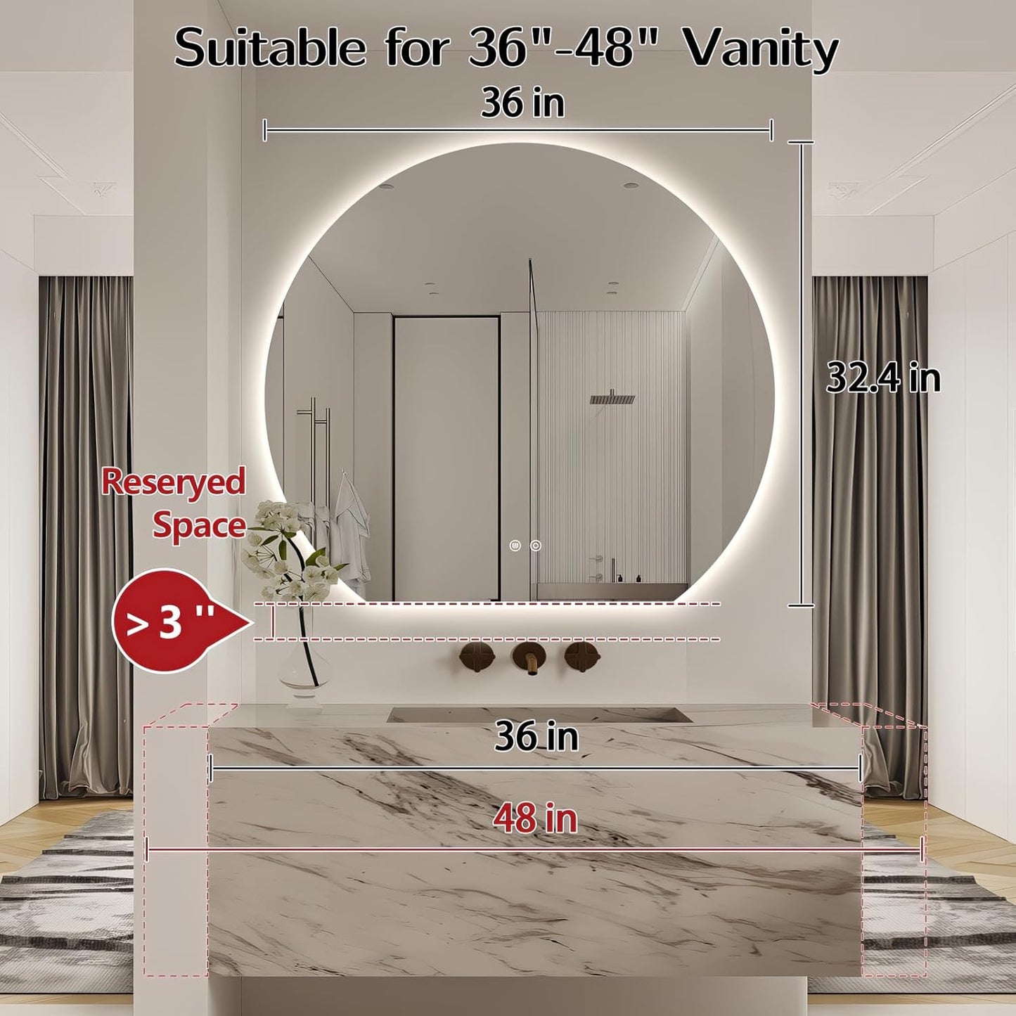 Niccy Round LED Bathroom Mirrors, Half Circle Backlit Mirror, 36" | Frameless Half Moon Mirror for Bathroom Wall, 3 Color Dimmable Anti-Fog Makeup Mirror, Explosion-Proof
