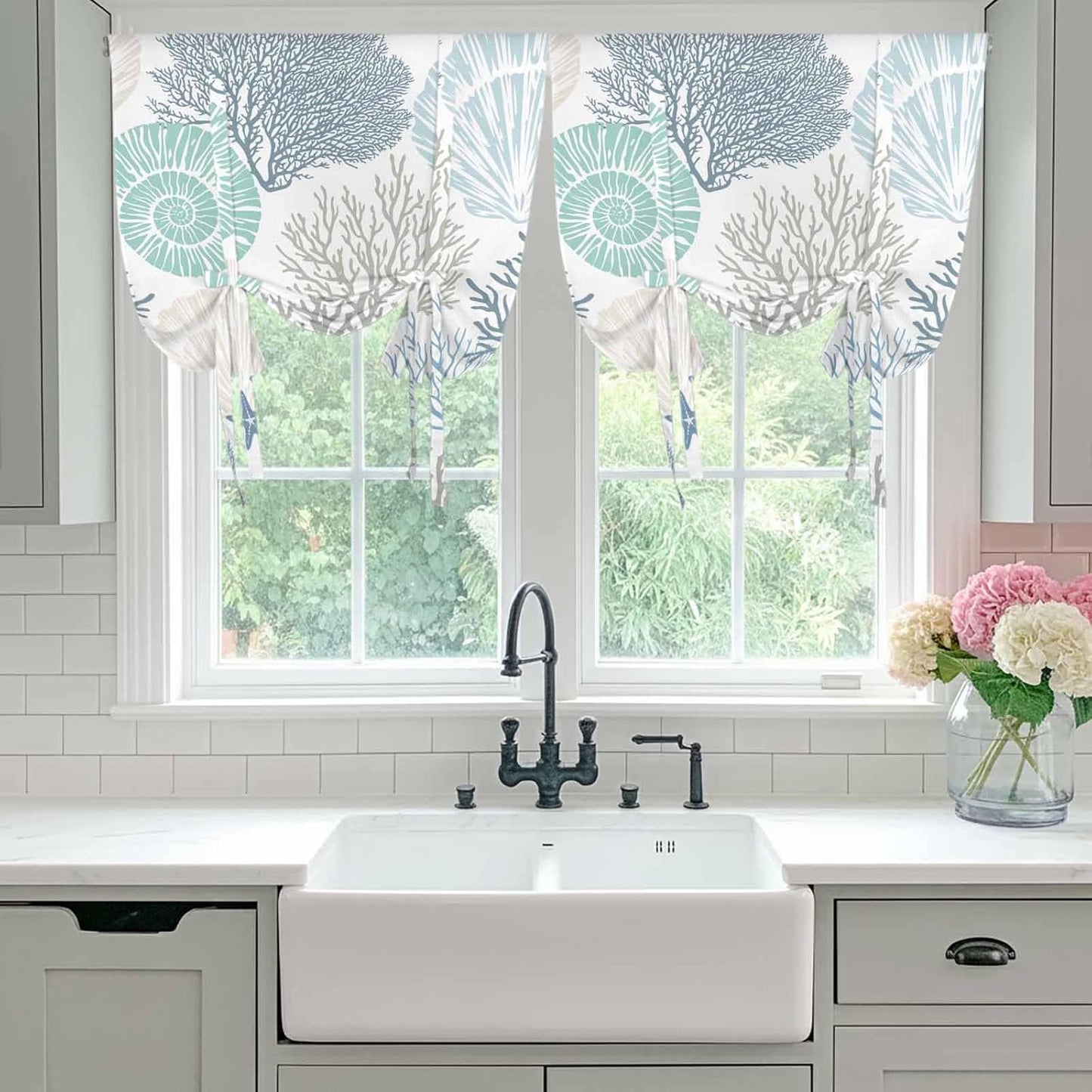 Ocean Coral Starfish Tie Up Window Shade Curtain,Nautical Coastal Shell Tie Up Curtain for Kitchen Windows,Marine Sealife Adjustable Valance Balloon Curtains,Blue Teal White Rod Pocket Panel 52x45in