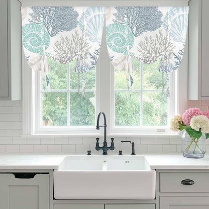 Ocean Coral Starfish Tie Up Window Shade Curtain,Nautical Coastal Shell Tie Up Curtain for Kitchen Windows,Marine Sealife Adjustable Valance Balloon Curtains,Blue Teal White Rod Pocket Panel 52x45in