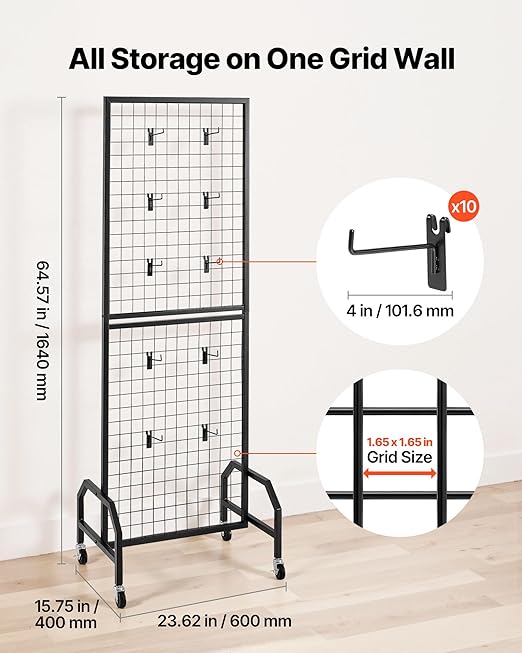 VEVOR Grid Wall Panel, 1.9 x 5.4 ft Wire Grid Panels Display Rack, Movable Art - Image 2