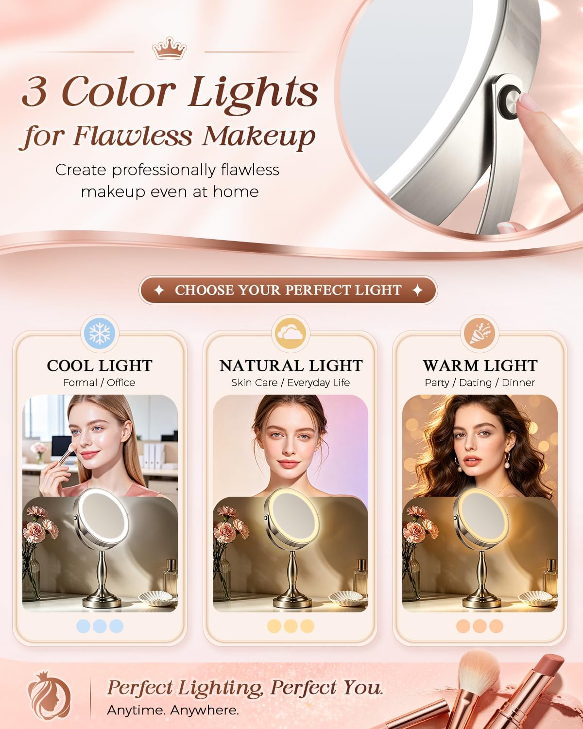 Makeup Mirror with Lights, 1X/30X Double Side Lighted Magnifying Mirror | 8'', 5000mAh Rechargeable Adjustable Brightness with 3 Colors, Side Touch & Side Charging with Adapter, Brushed Nickel