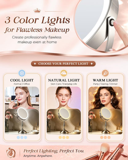 Makeup Mirror with Lights, 1X/30X Double Side Lighted Magnifying Mirror | 8'', 5000mAh Rechargeable Adjustable Brightness with 3 Colors, Side Touch & Side Charging with Adapter, Brushed Nickel