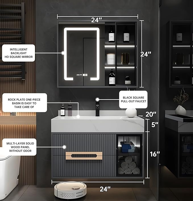 Floating Bathroom Vanity with Sink, 24IN Bathroom Vanities Cabinet Includes LED - Image 2