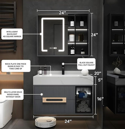 Floating Bathroom Vanity with Sink, 24IN Bathroom Vanities Cabinet Includes LED - Image 2