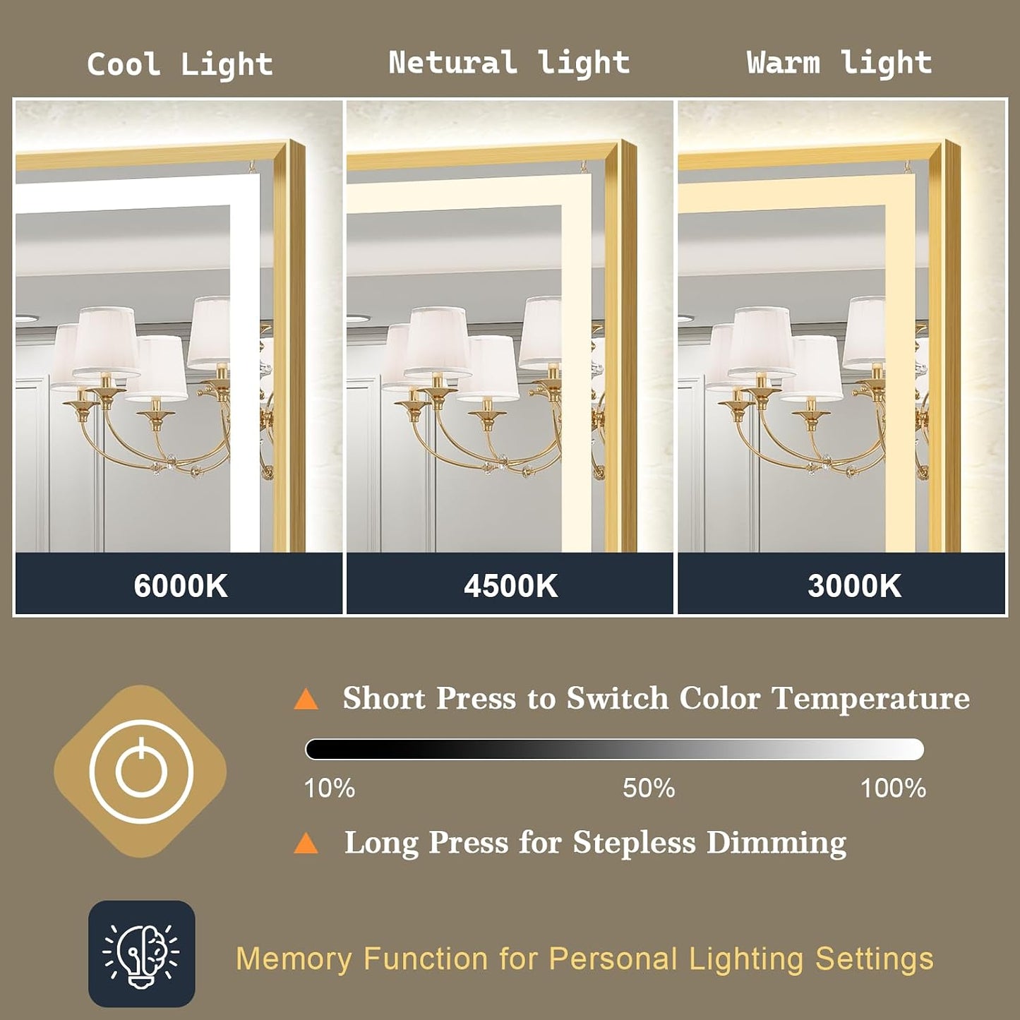 LED Bathroom Mirror 30"x36" Inch Brushed Gold Metal Frame Lighted Bathroom Vanity Mirror with Lights, Brighter Frontlit and Backlit Light up Anti Fog Mirror, 3-Color Dimmable, Memory Function