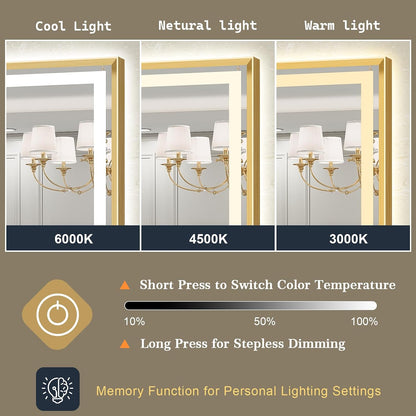 LED Bathroom Mirror 30"x36" Inch Brushed Gold Metal Frame Lighted Bathroom Vanity Mirror with Lights, Brighter Frontlit and Backlit Light up Anti Fog Mirror, 3-Color Dimmable, Memory Function