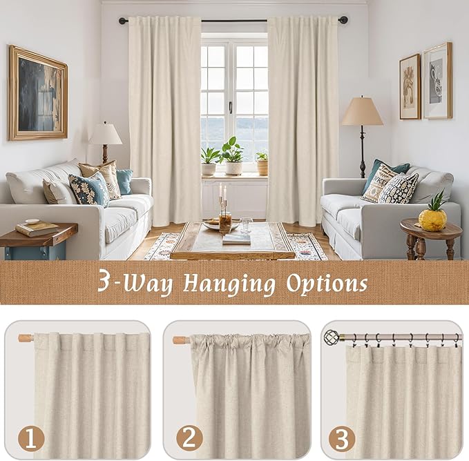 LAMIT 100% Blackout Natural Linen Curtains, 72 Inches Linen Textured Thermal - Image 9