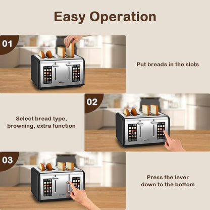 Mecity 4 Slice Toaster with Touch Screen Control, 4 Wide Slots, Stainless Steel - Image 6