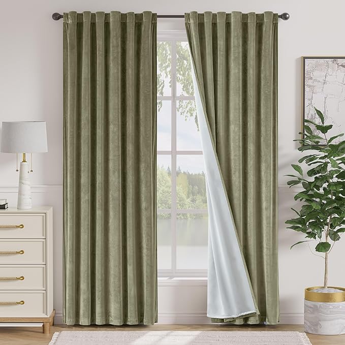 Lazzzy Green Velvet Blackout Curtains 90 Inches Long Thermal Insulated Room by Lazzzy