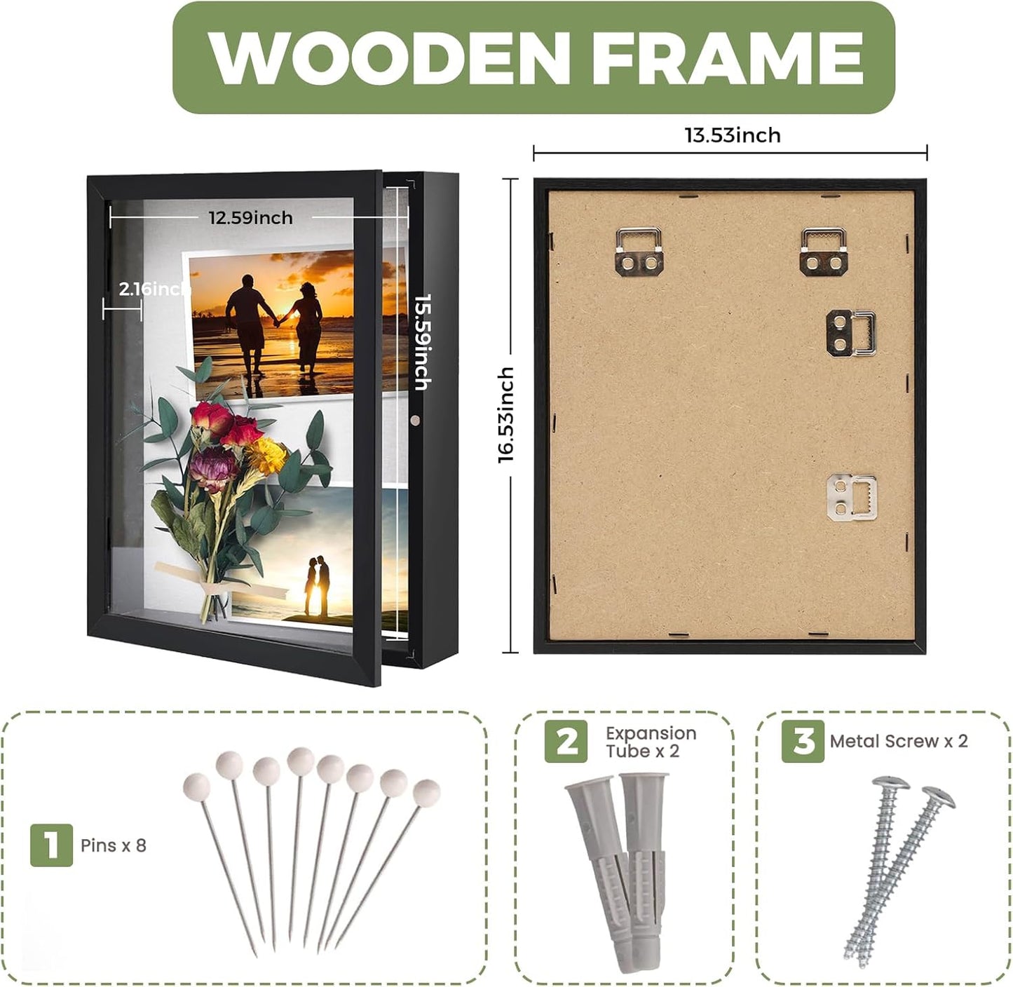 Muzilife 13x16 Shadow Box Wood Picture Frame, 2.16 Deep, Real Glass, Black | FSC-Wood, Magnetic Door, Linen Interior & Pins, Vertical, Horizontal Wall Hanging, Display Case Frame for Photos & Keepsakes