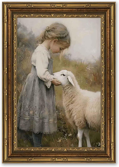 Gold Framed Vintage Aesthetic Girl With Sheep Wall Art Rustic Farmhouse Print Poster Artwork Sheep Cottagecore Wall Decor for Living Room Bedroom Bathroom Decoration 9x11in