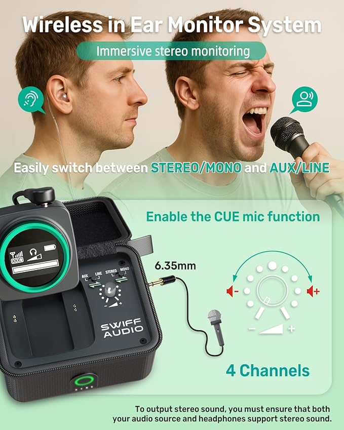 Wireless in Ear Monitor System, 5.8GHz Wireless IEM Switchable Stereo - Image 3
