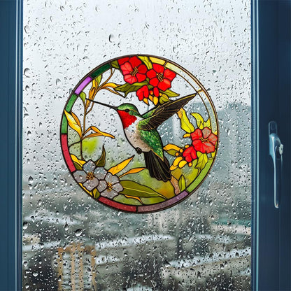 Window Stickers Hummingbird Static Glass Clings Window Decals Flower and Bird Reusable Home Decor(Round)