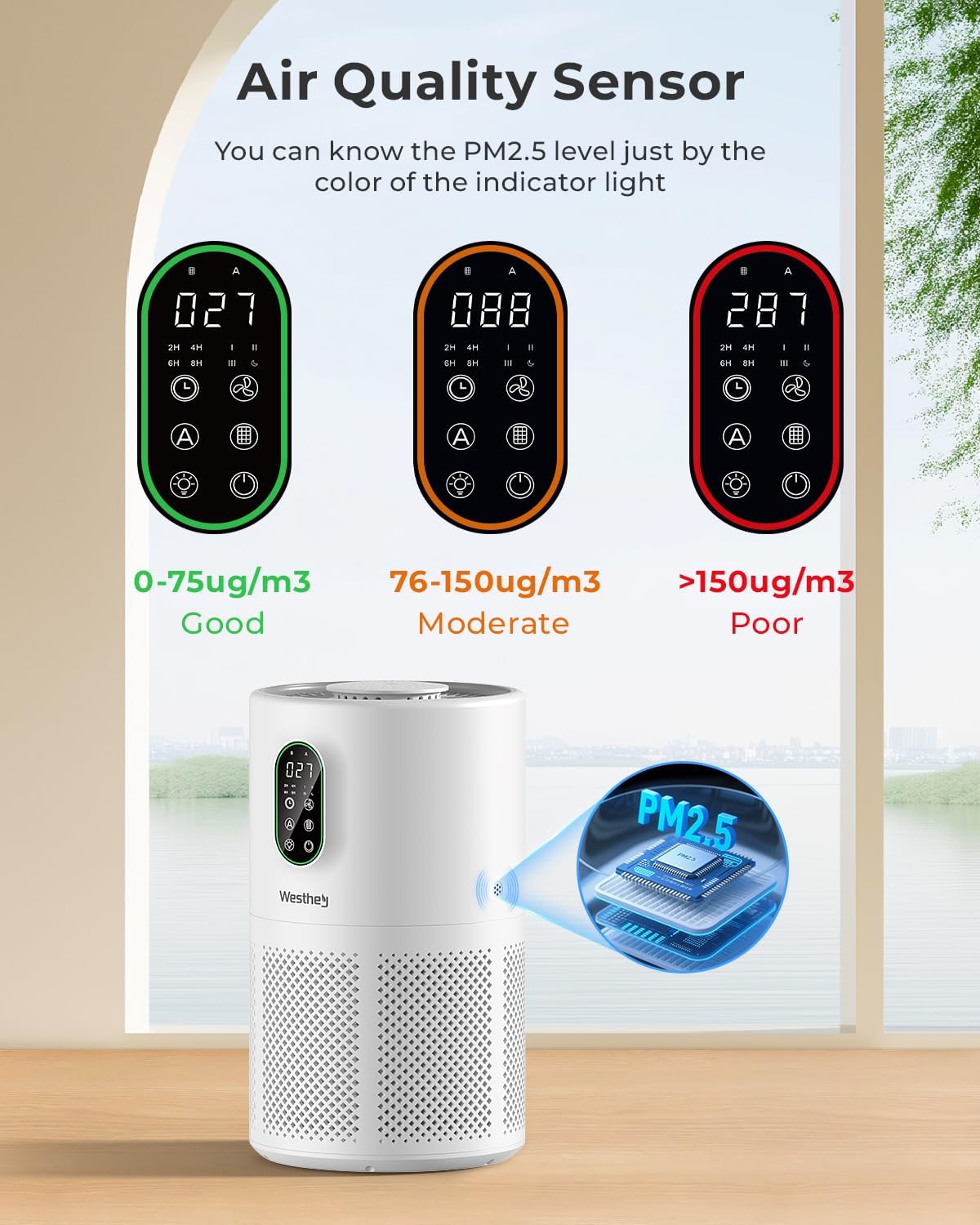 westhey h13 hepa air purifier for home up, side view