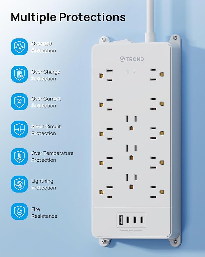 TROND 360° Rotating Flat Plug, Surge Protector Power Strip, 13AC Widely Spaced - Image 8