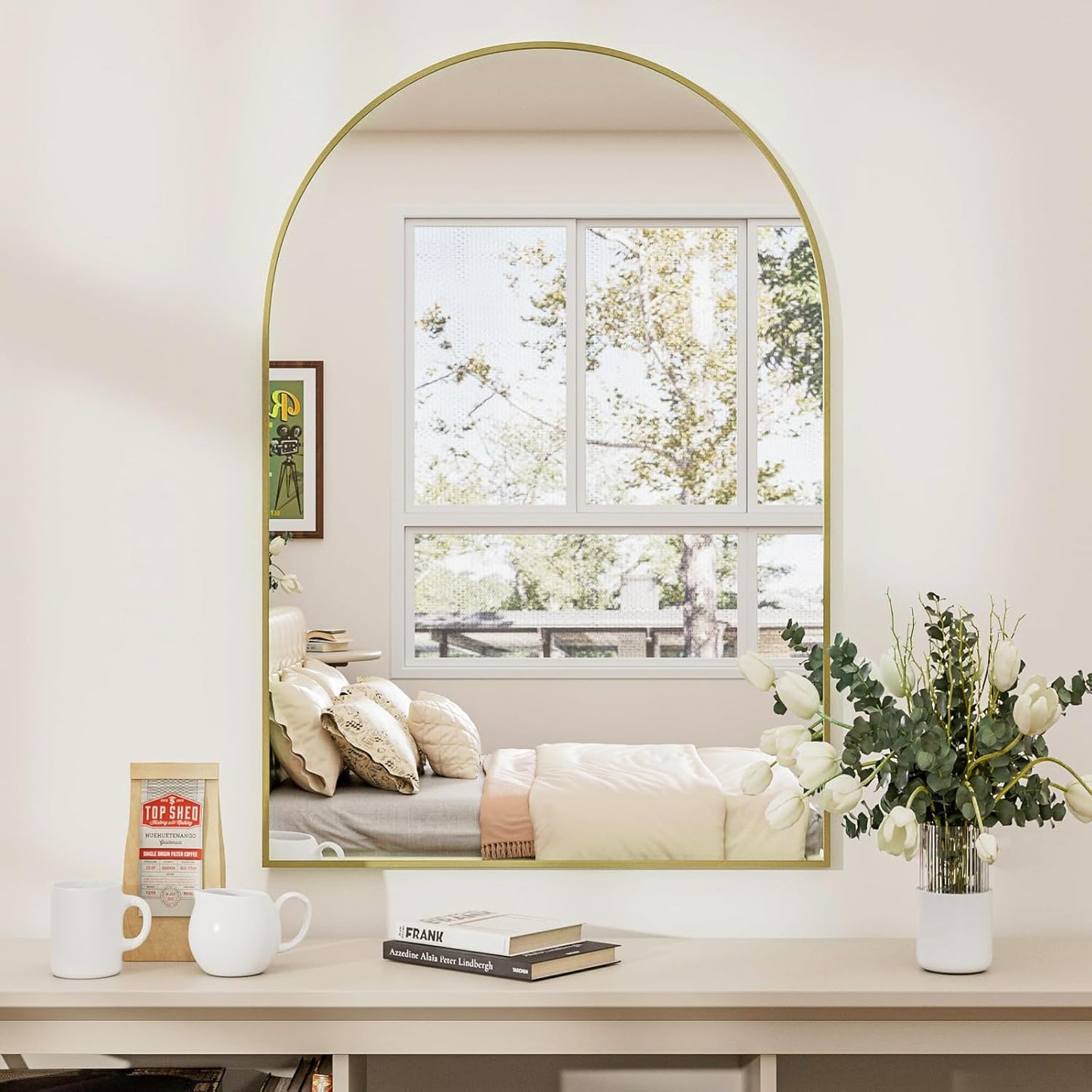 Rowjut Gold Arched Bathroom Mirror for Wall-36"X24" Wall Mirror for Living Room, Bedroom, Bathroom, Dressing Room Hanging Vanity Mirror for Wall Decoration