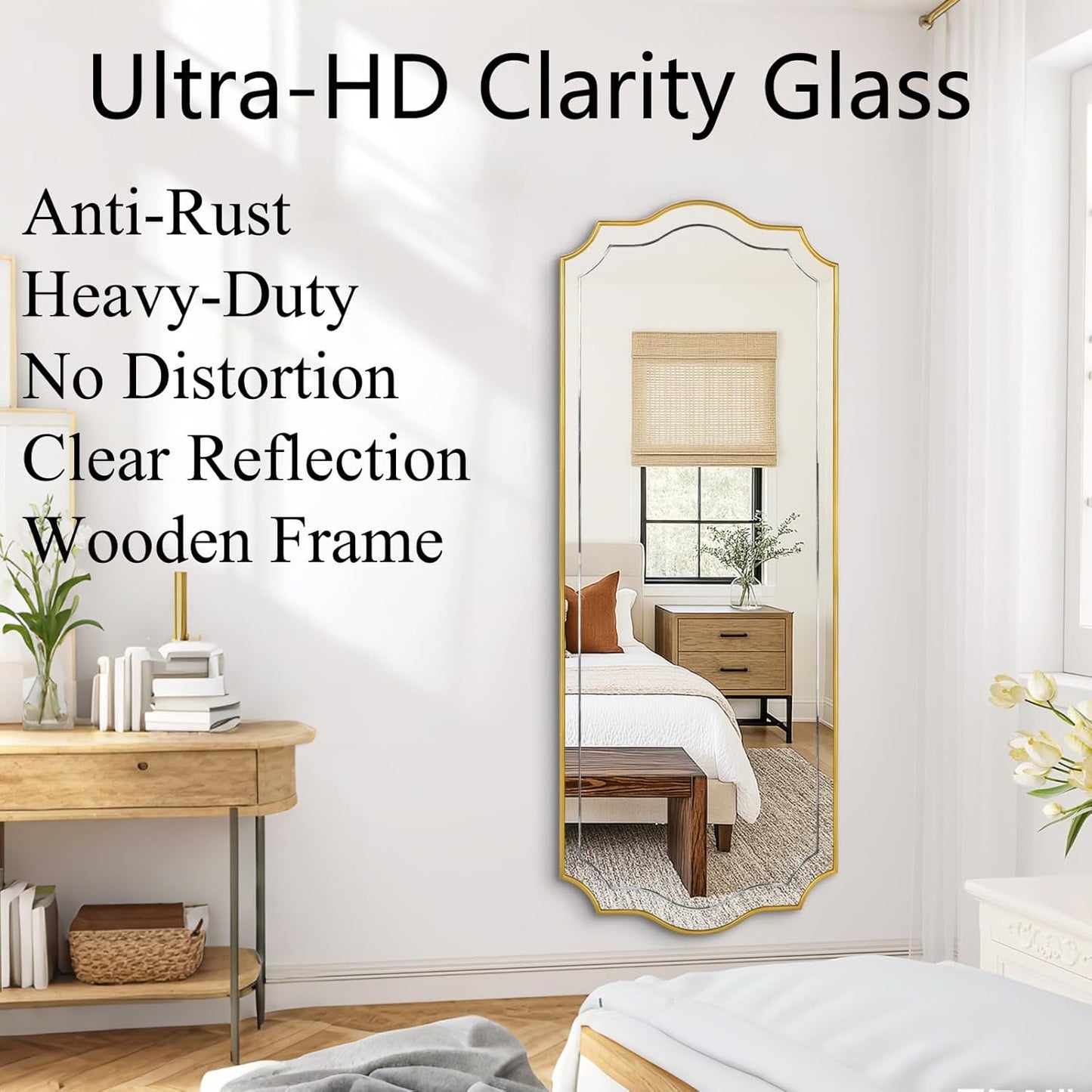 POZINO 47"x24" Large Scalloped Wall Mirror with Gold Wood Frame | Irregular Rectangle Design, Horizontal/Vertical Hanging, Elegant Wavy Wall Mirror for Entryway Bedroom Bathroom Living Room