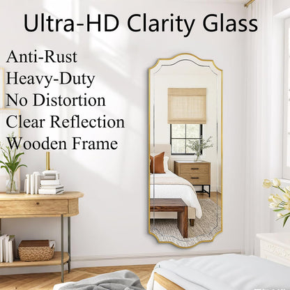 POZINO 47"x24" Large Scalloped Wall Mirror with Gold Wood Frame | Irregular Rectangle Design, Horizontal/Vertical Hanging, Elegant Wavy Wall Mirror for Entryway Bedroom Bathroom Living Room