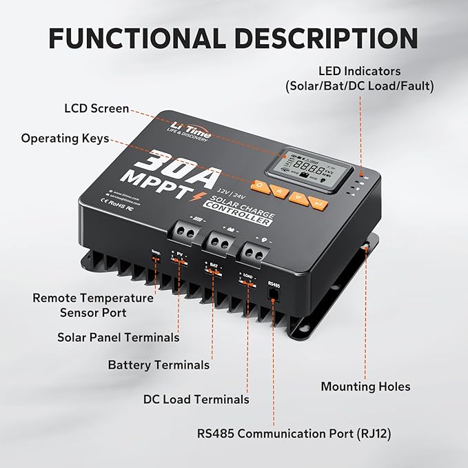 LiTime 30 Amp MPPT 12V/24V/Auto DC Input Solar Charge Controller Build-in - Image 6