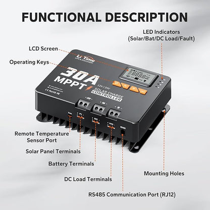LiTime 30 Amp MPPT 12V/24V/Auto DC Input Solar Charge Controller Build-in - Image 6