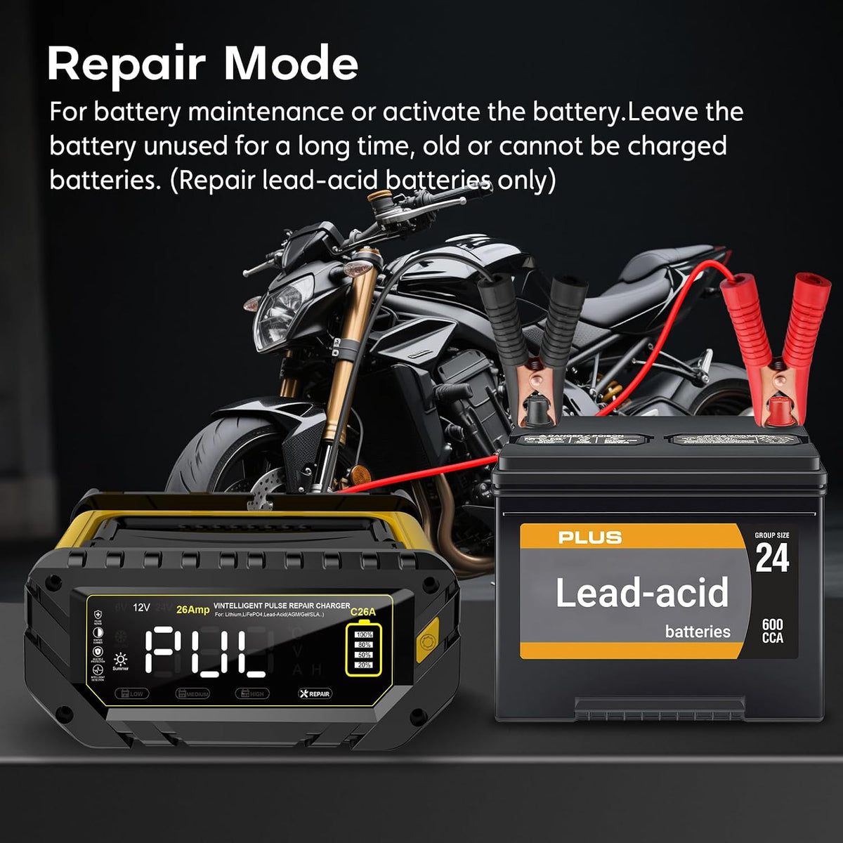 26a 6v/12v/24v smart battery charger – automatic maintainer, close-up detail