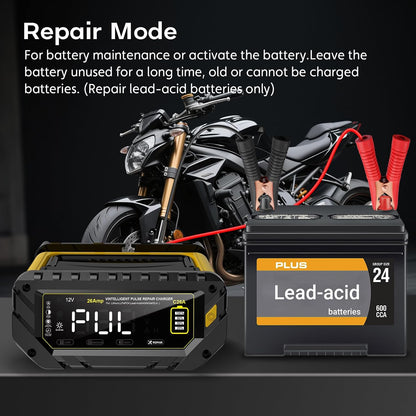 26a 6v/12v/24v smart battery charger – automatic maintainer, close-up detail