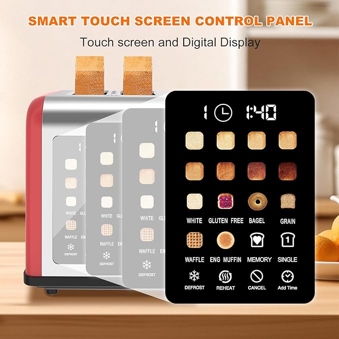 2 Slice Toaster Touch Screen, Stainless Steel Toasters Digital Timer 2 Slot - Image 5