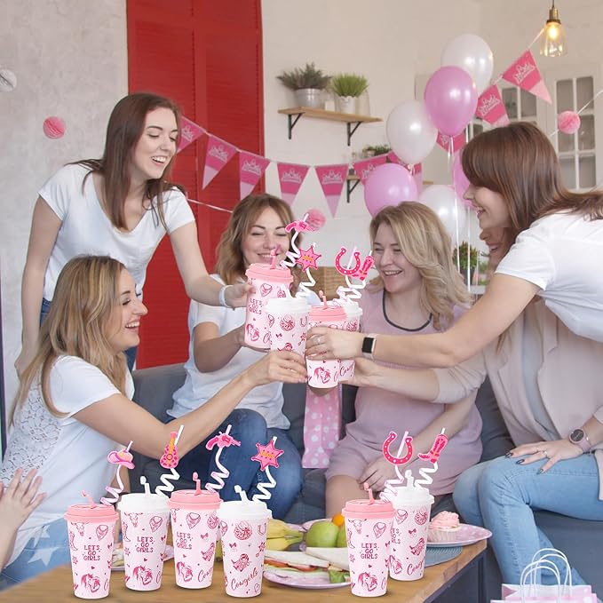Yungyan 36 Sets Pink Cowgirl Party Favors Goodie Cups with Lids and Straws fo...