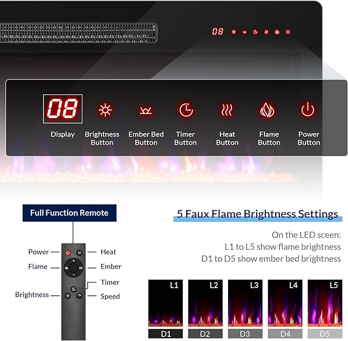 BELLEZE 42" Electric Fireplace Heater, 1400 W Recessed & Wall Mounted Electric - Image 6