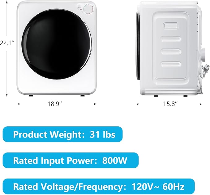 1.7 Cu.Ft Portable Clothes Dryer, 800W Front Load Compact Laundry Dryer Machine - Image 4
