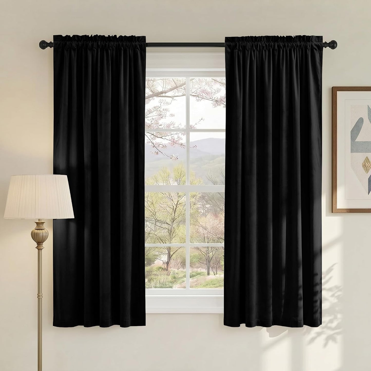 NICETOWN Black Short Velvet Curtains Panels 63" Long - Vintage Blackout Drapes for Classroom and Nursery Thermal Insulated, W42 x L63, 2 Panels